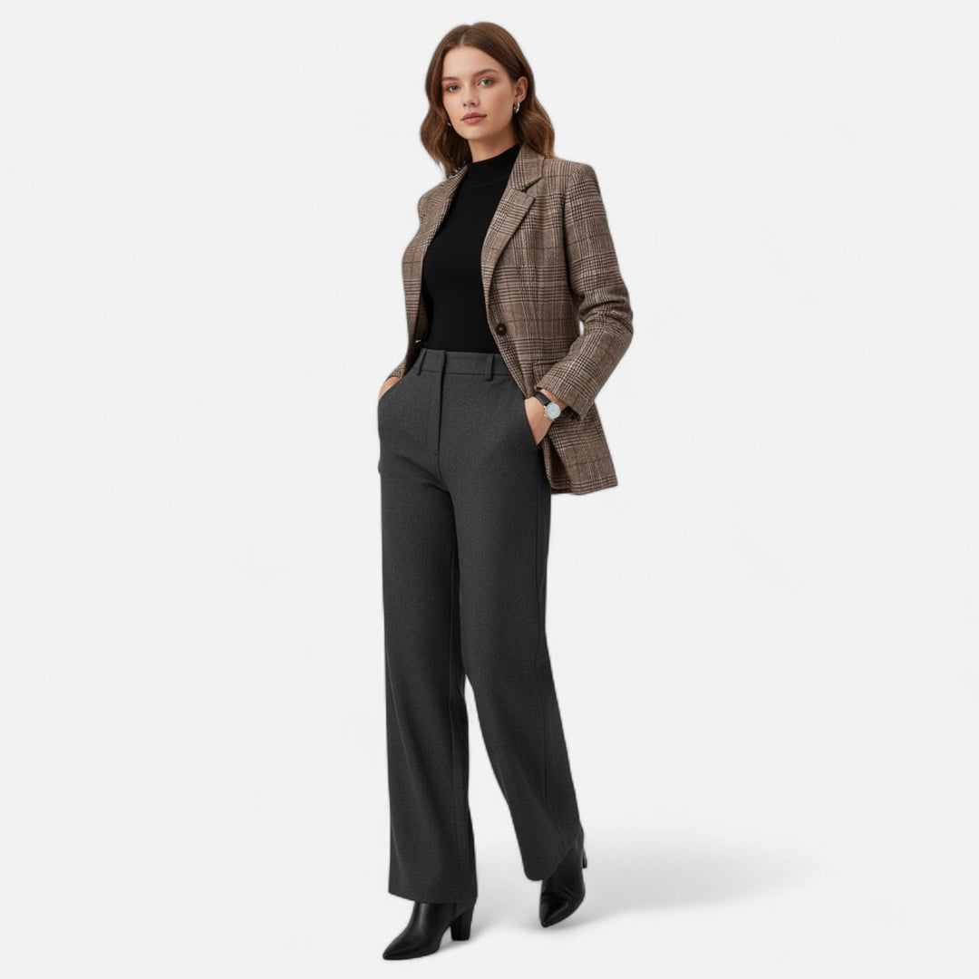 Stylish women's brown plaid blazer, tailored fit for professional business casual or elegant evening outfits.