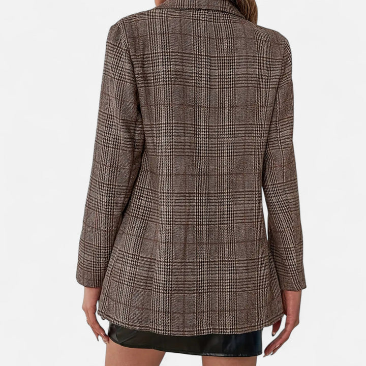 Professional women's tailored plaid blazer in brown; versatile, stylish single-breasted outerwear for business casual.