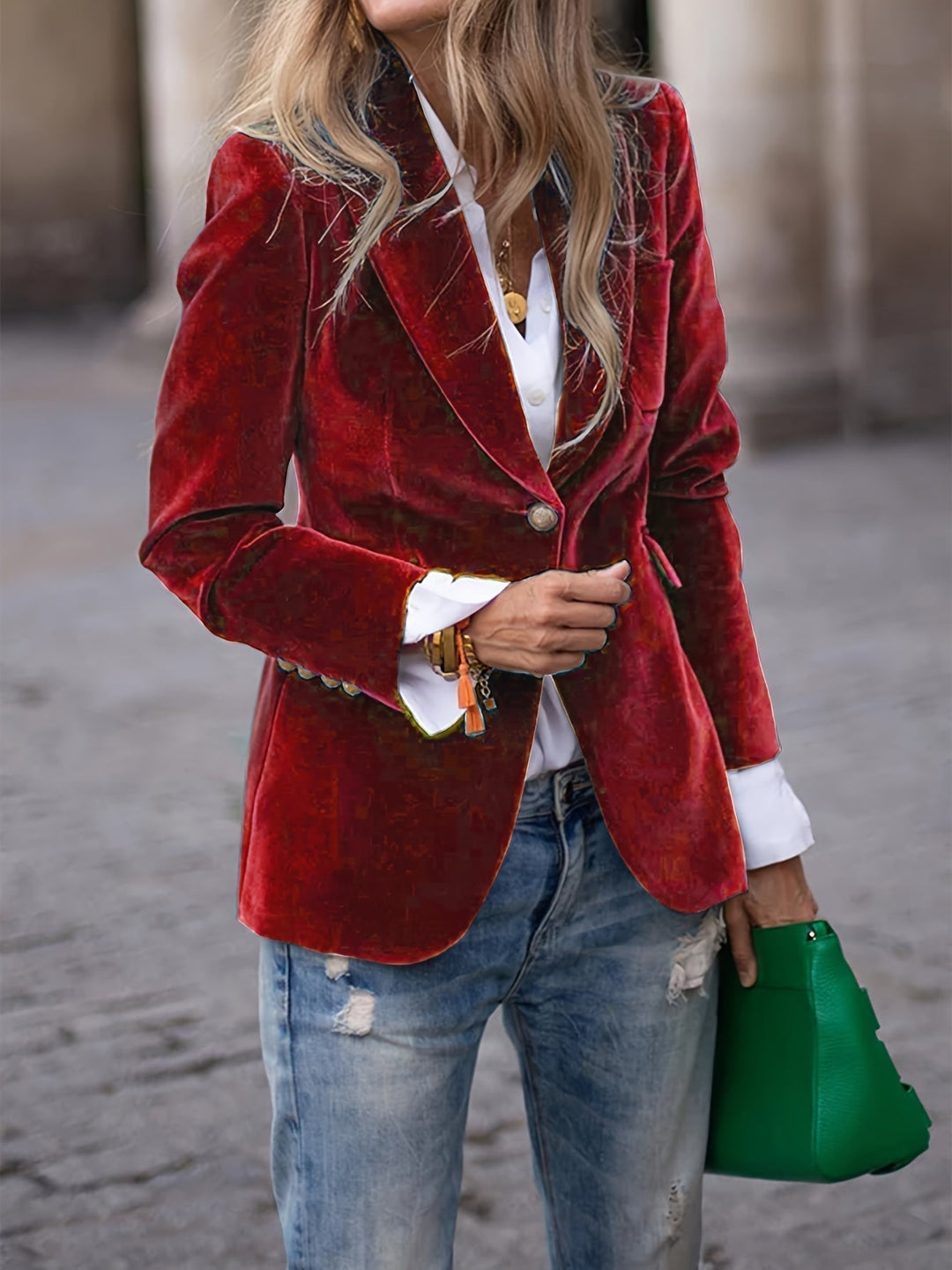 Versatile women's tailored blazer with a lustrous finish & gold buttons for casual chic or formal wear.