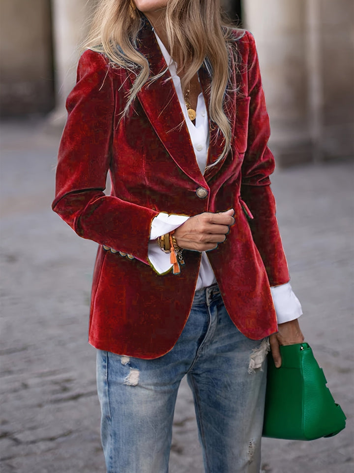 Versatile women's tailored blazer with a lustrous finish & gold buttons for casual chic or formal wear.