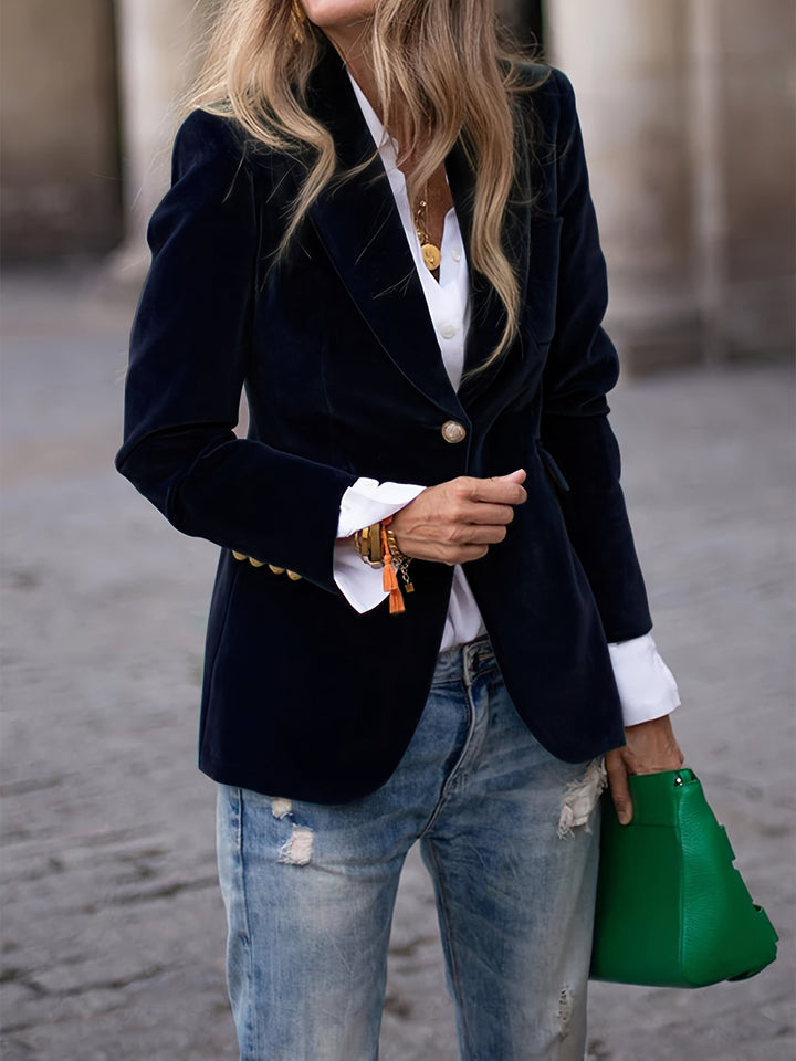 Luxurious velvet tailored blazer for women with a lustrous sheen & distinctive gold buttons. Elegant.