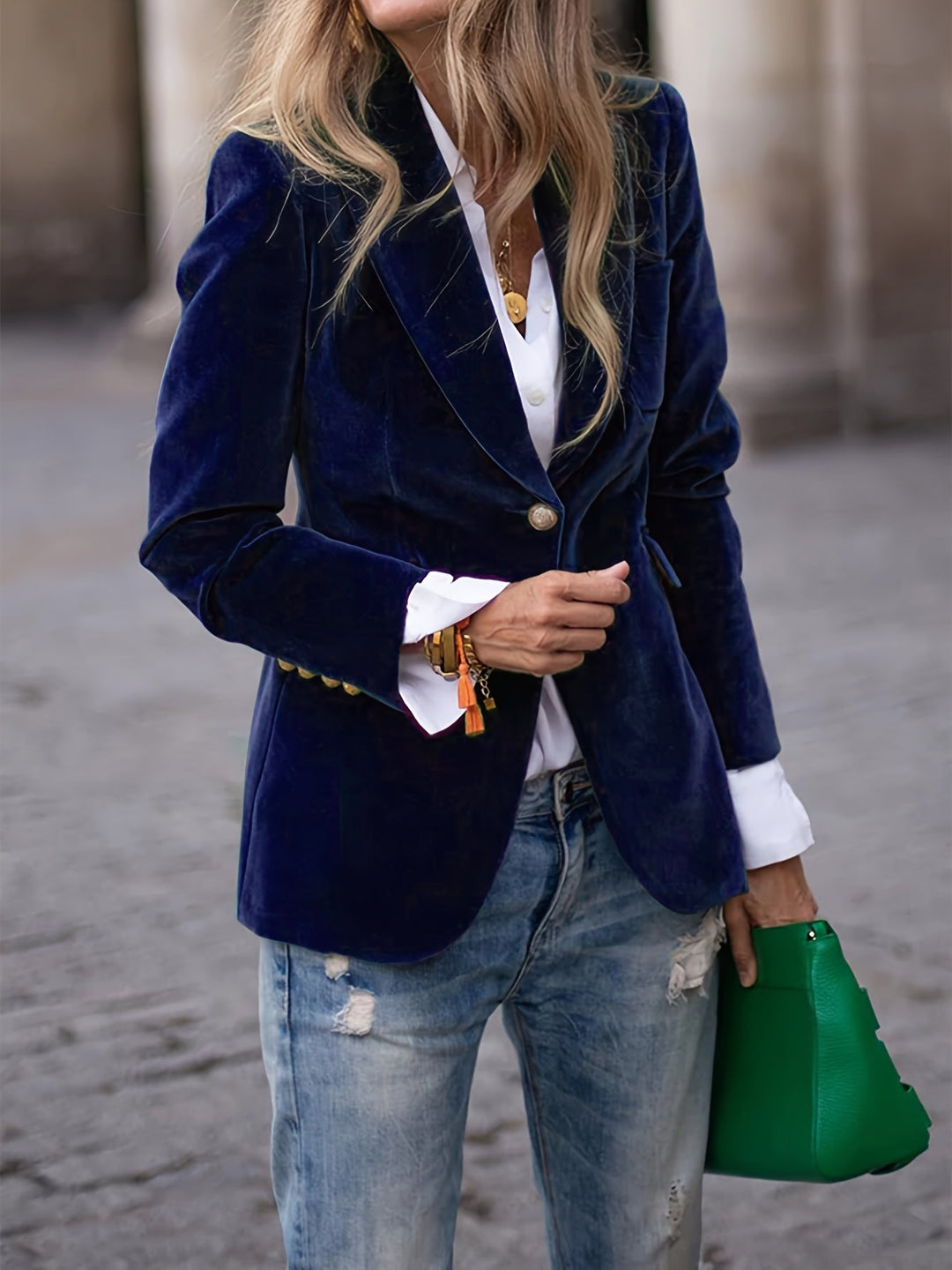 Long sleeve women's tailored blazer, lustrous finish, gold buttons, perfect for elegant outerwear.