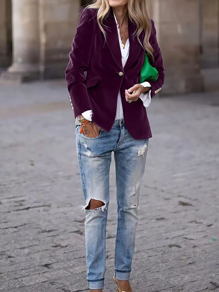 Women's tailored jacket, lustrous velvet, long sleeve, gold buttons, sophisticated for any occasion.