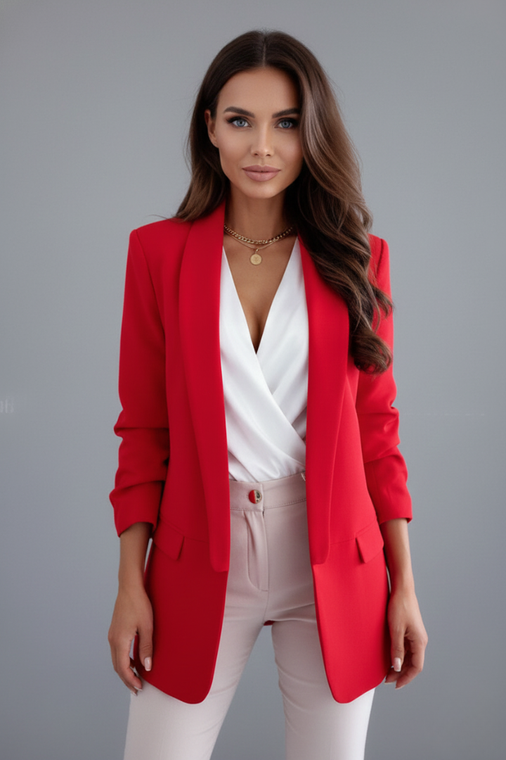 Khaki tailored women's blazer. Elegant professional jacket featuring a chic wrap collar for office attire.