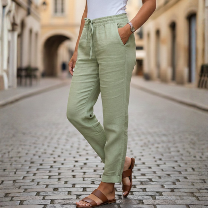 Women's tapered drawstring summer pants, relaxed fit for everyday casual style. Comfortable & chic.
