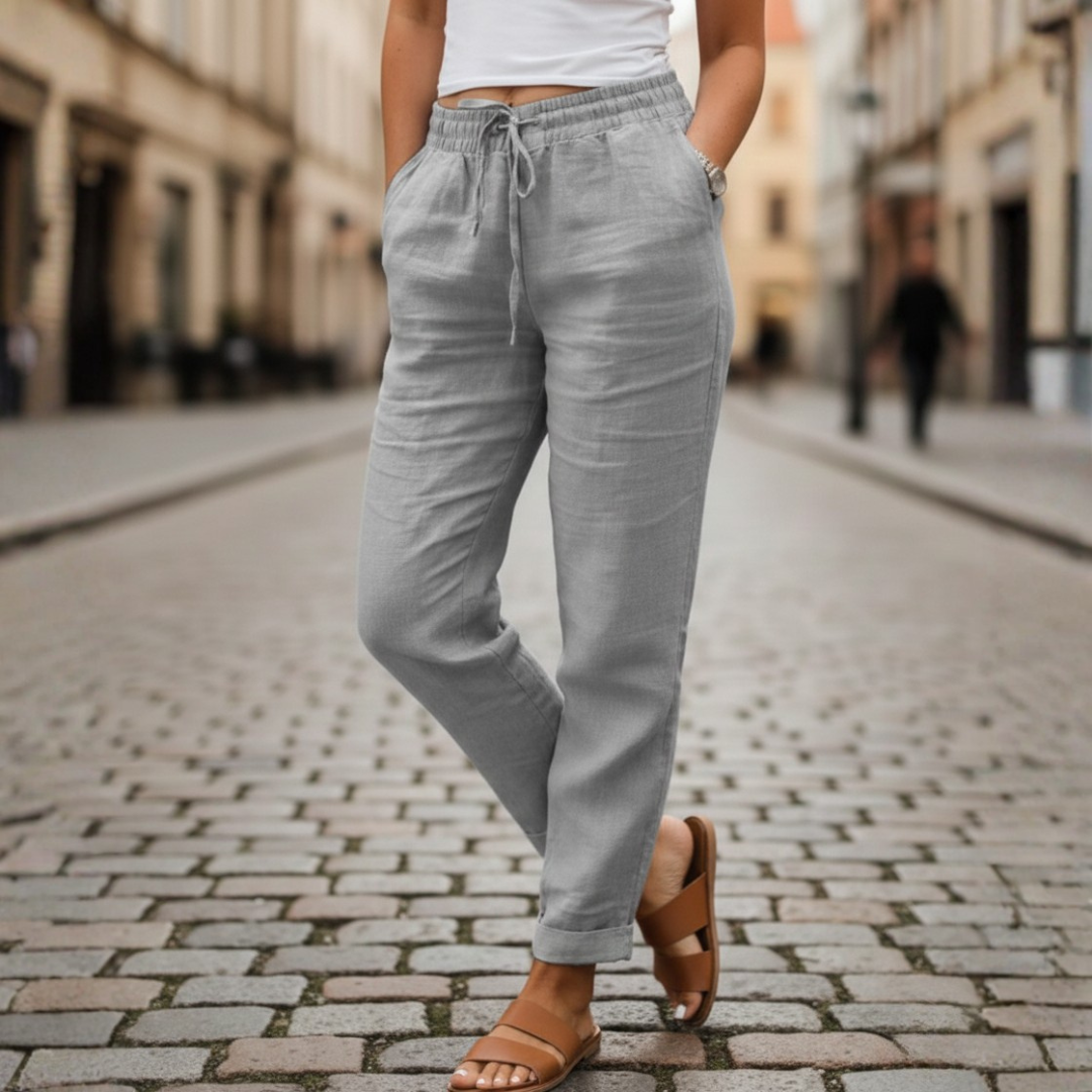 Tapered leg and cuffed hem detail of women's summer drawstring pants for a chic, relaxed look.