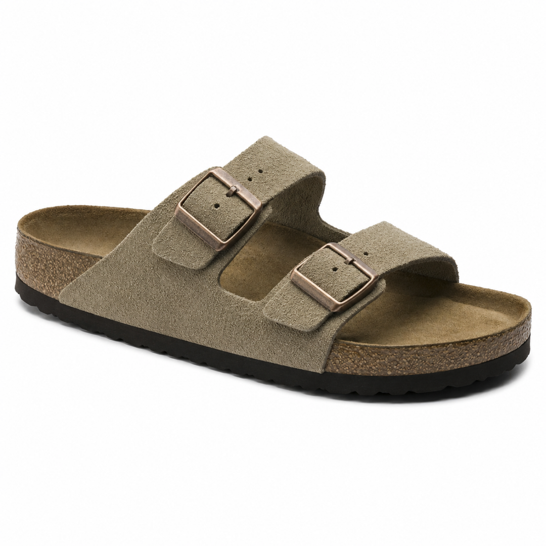 Women's taupe ergonomic sandals with cushioned support. Perfect comfort footwear for everyday wear.