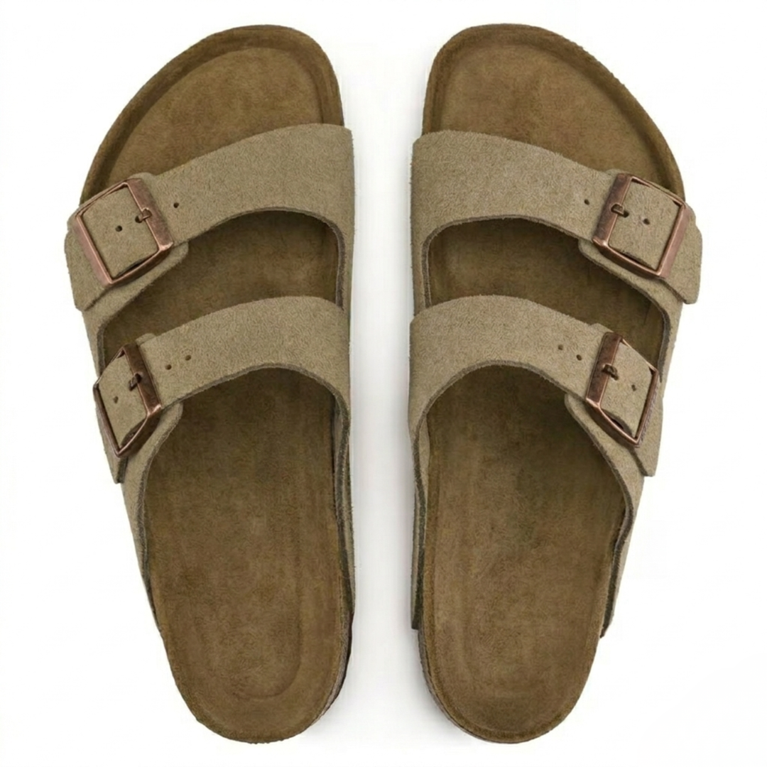 Women's taupe casual slides with adjustable straps. Ergonomic design makes these summer essential sandals comfy.