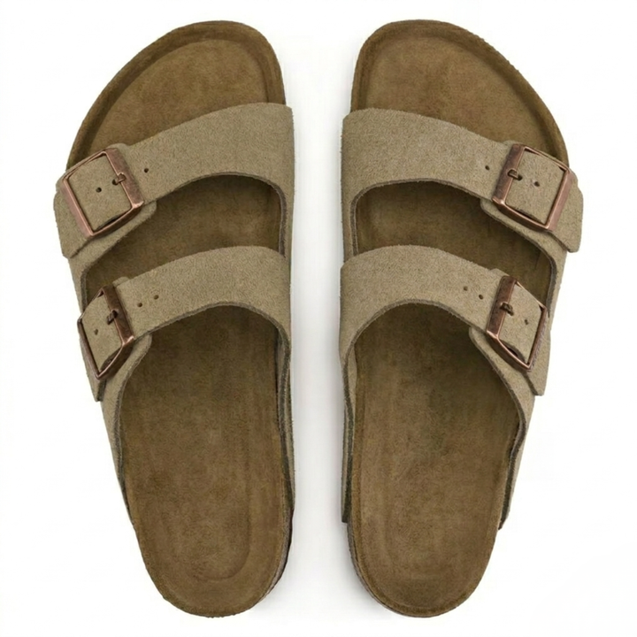Women's taupe casual slides with adjustable straps. Ergonomic design makes these summer essential sandals comfy.