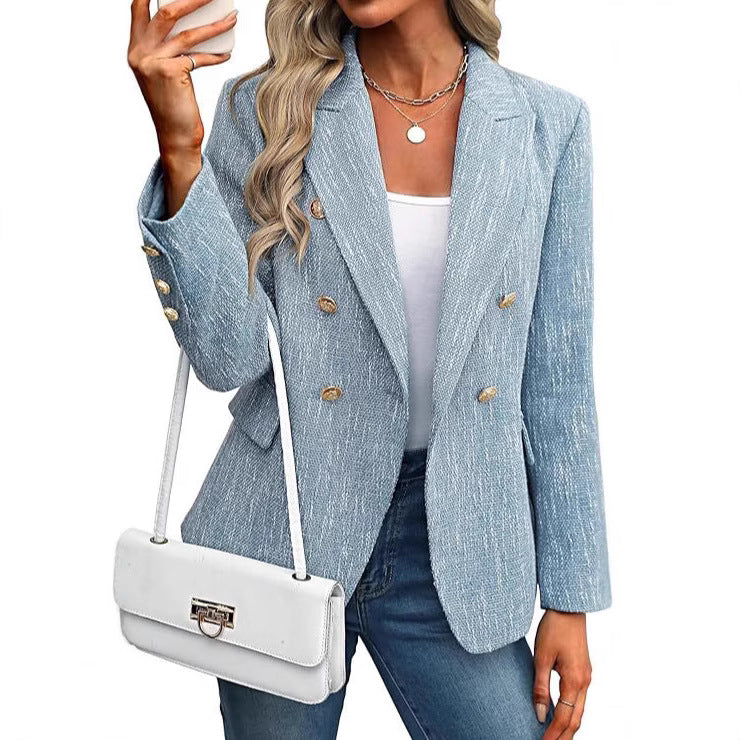 Women's textured open-front blazer with elegant gold buttons. Smart casual jacket.