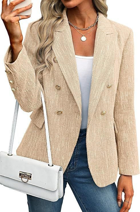 Women's textured open-front blazer. Long sleeve jacket with gold buttons for smart casual looks.