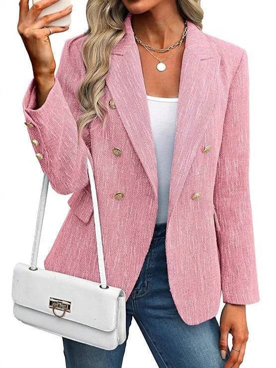 Stylish women's textured open-front blazer with gold buttons & lapel collar. Elegant long-sleeve office wear.