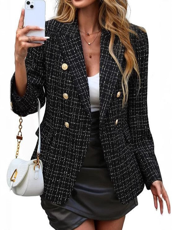 Textured long-sleeve women's blazer with chic gold buttons & lapel collar. Versatile open-front jacket.