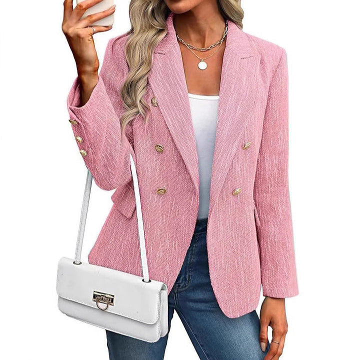 Chic women's textured open-front blazer. Long-sleeve jacket with gold buttons, elegant outerwear.