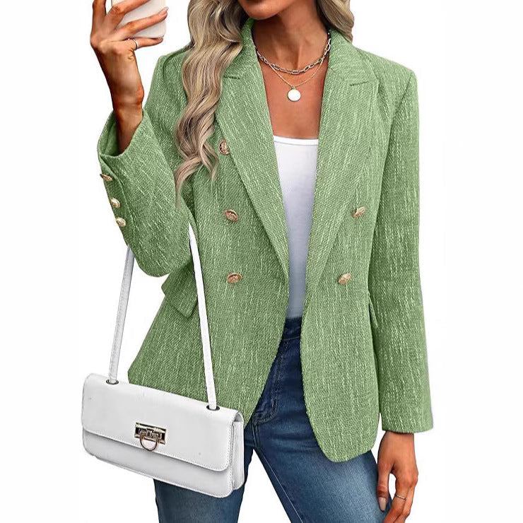Women's open-front blazer featuring stylish gold buttons. Textured fabric, ideal for smart casual & office wear.