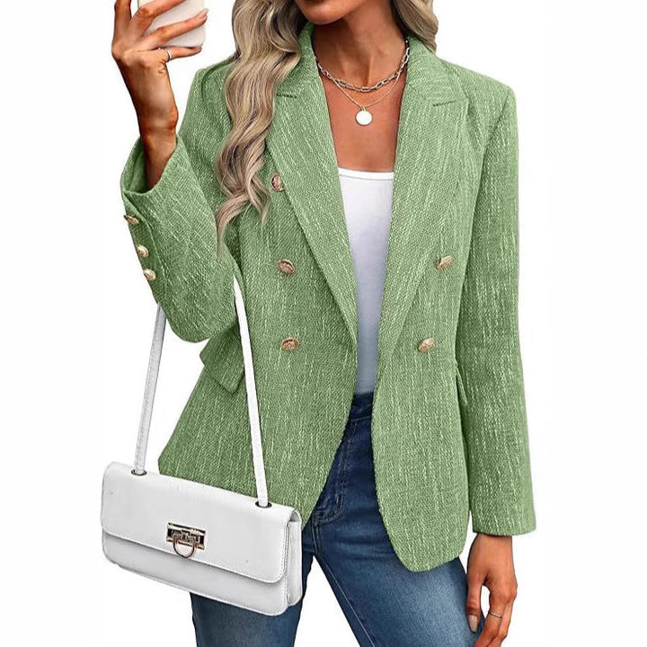 Women's open-front blazer featuring stylish gold buttons. Textured fabric, ideal for smart casual & office wear.
