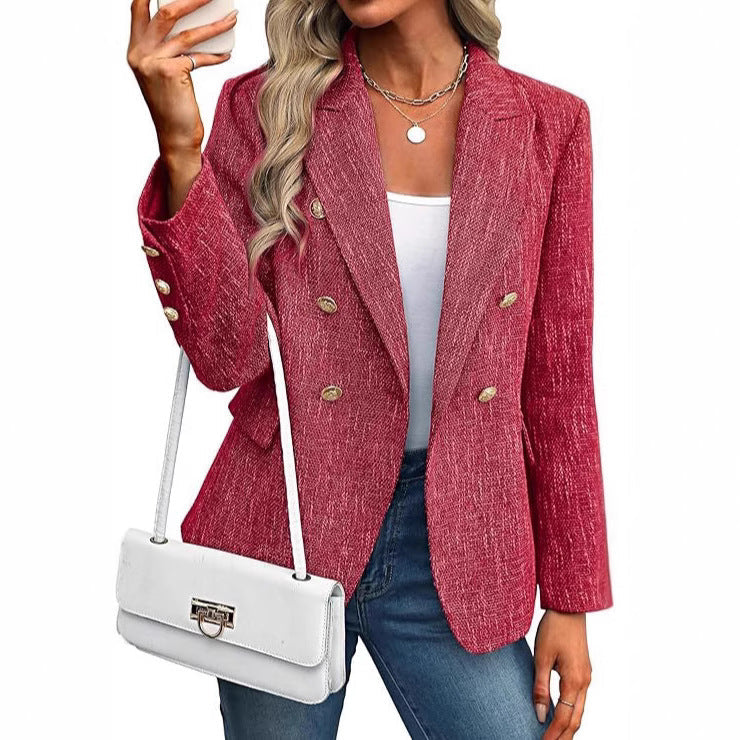Lapel collar women's textured blazer. Open-front design, gold buttons. Perfect elegant outerwear.
