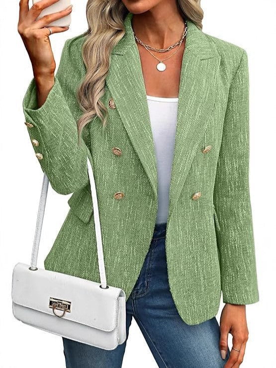 Smart casual women's textured open-front blazer with gold buttons. Long sleeve, versatile office jacket.
