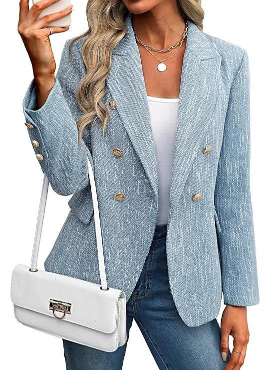 Elegant women's open-front blazer with textured finish & gold buttons. Ideal for sophisticated office wear.