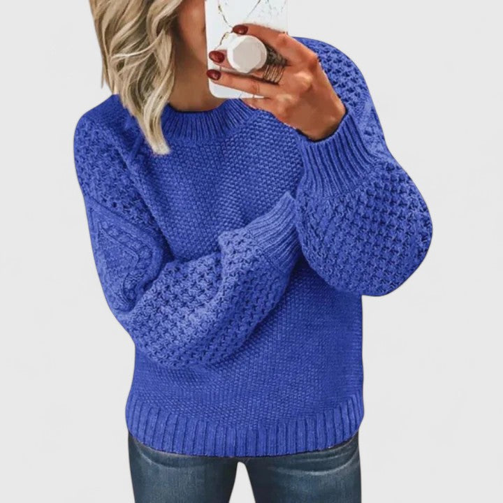Women's textured puff sleeve sweater, cozy mock neck, elegant fall fashion.