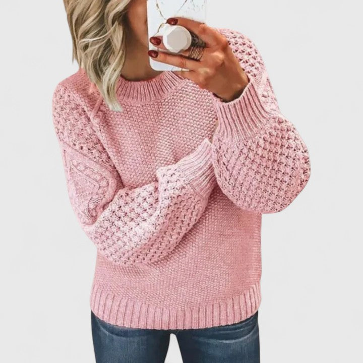 Chic women's long sleeve textured puff sleeve sweater, versatile for winter style.