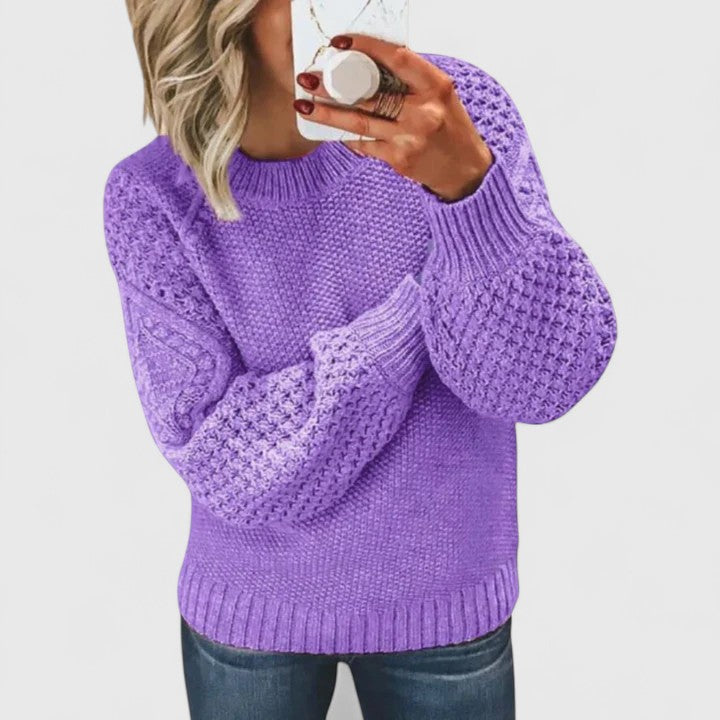 Cozy mock neck women's sweater with elegant textured puff sleeves, perfect for fall & winter.