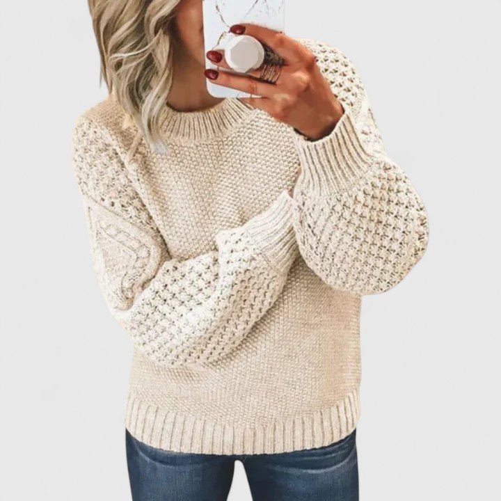 Stylish women's textured pullover sweater, puff sleeve and long sleeve design, elegant comfort.