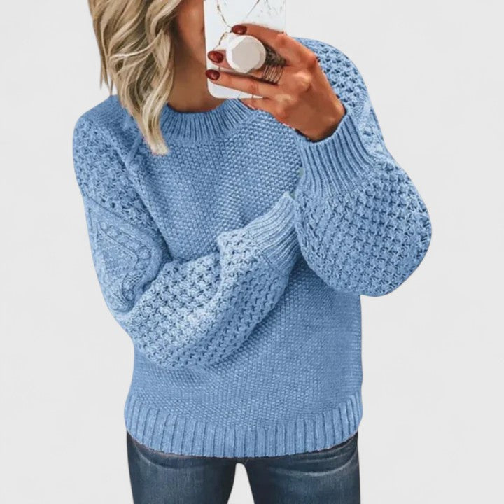 Versatile women's textured puff sleeve sweater, mock neck top, ideal for fall & winter fashion.