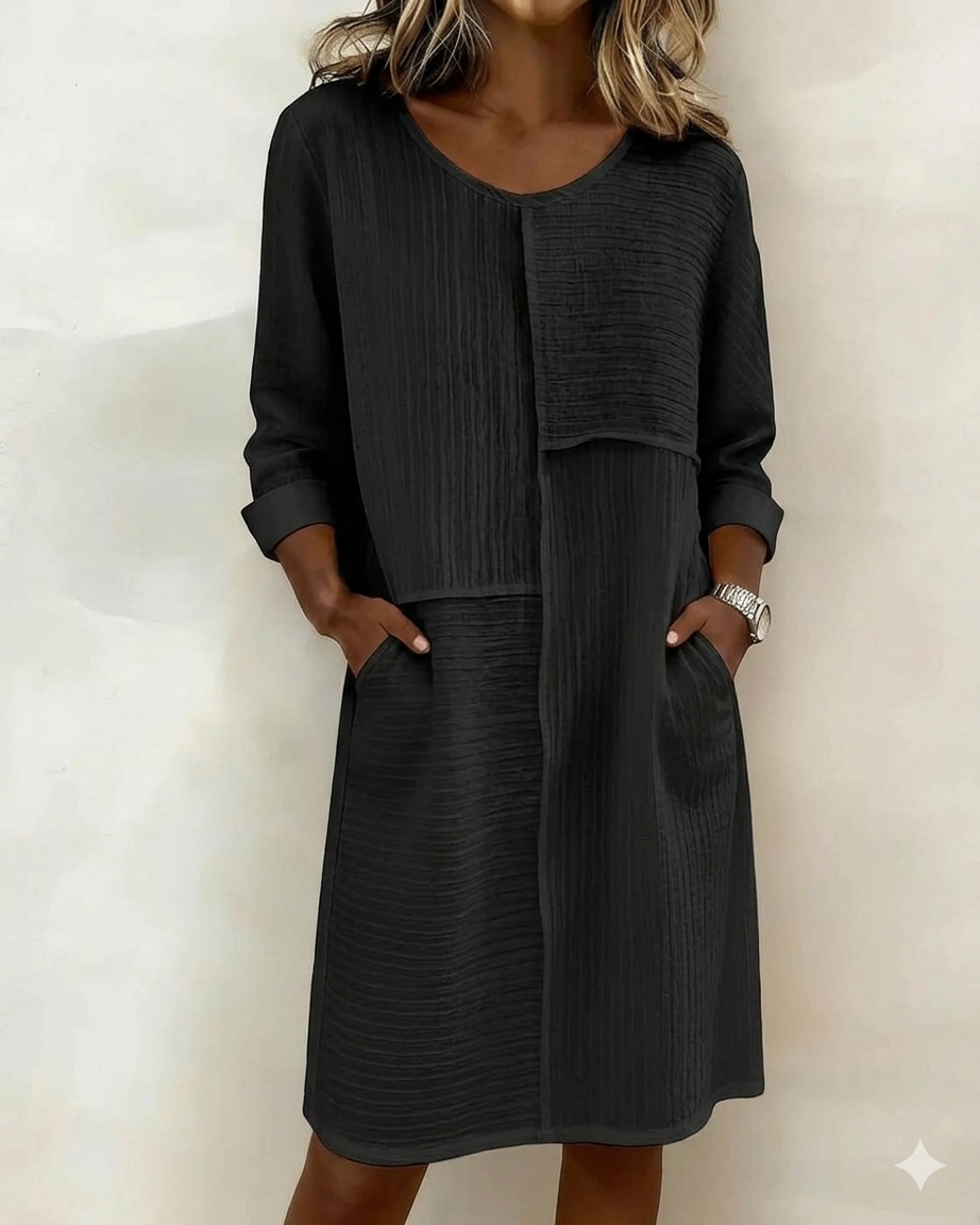 Versatile women's textured shift dress with pockets. Ideal for comfortable casual spring, summer, or everyday styling.