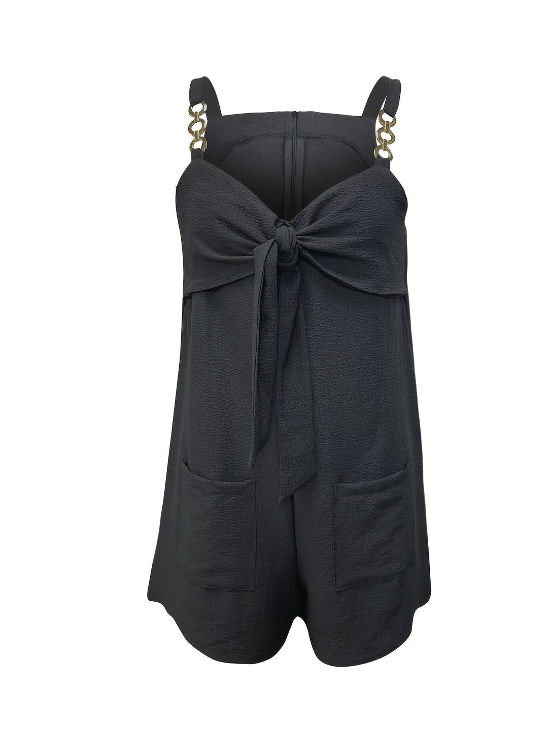 Elegant bow detail on women's textured romper with chain straps, enhancing its casual chic appeal.