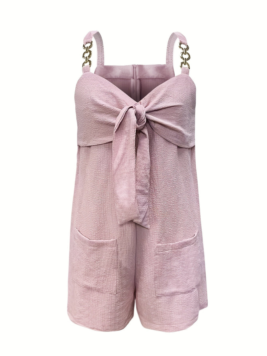 Flat lay of a women's textured romper with chain straps, highlighting its design for summer fashion.