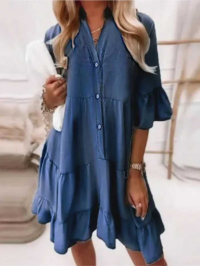 Light & airy women's tiered ruffle mini dress. Button-down style offers a comfortable, fashionable casual look.