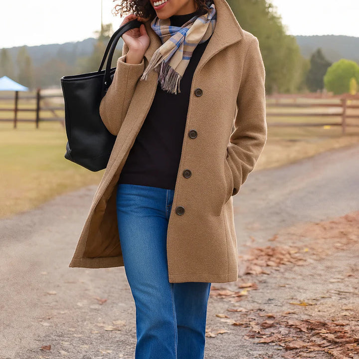 Women's classic button-up coat. Effortless, elegant outerwear for fall & winter style. Long sleeve.
