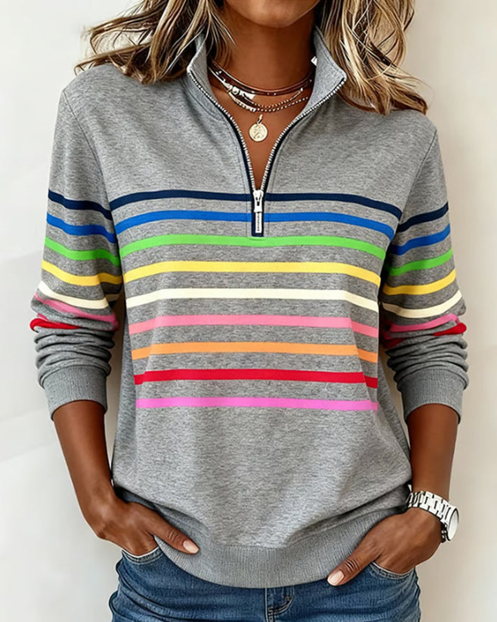 Women's trendy colorful long-sleeve zipper top for casual comfort and everyday wear.