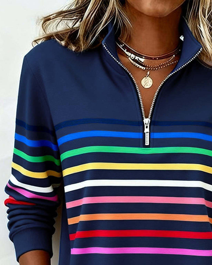 Fashionable colorful long-sleeve zipper top for women, perfect for trendy everyday wear.