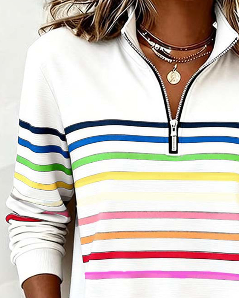 Vibrant colorful women's long-sleeve zipper top, comfortable and trendy for casual outfits.