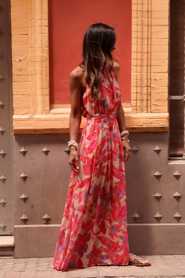 Women's Tropical Halter Neck Keyhole Maxi Dress, ideal for elegant resort wear.