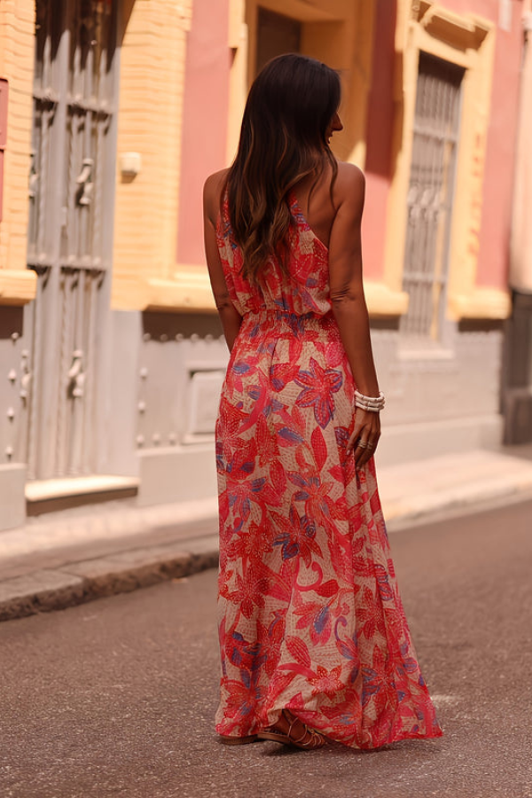 Vacation wear tropical maxi dress for women, with a chic halter neck & keyhole design.