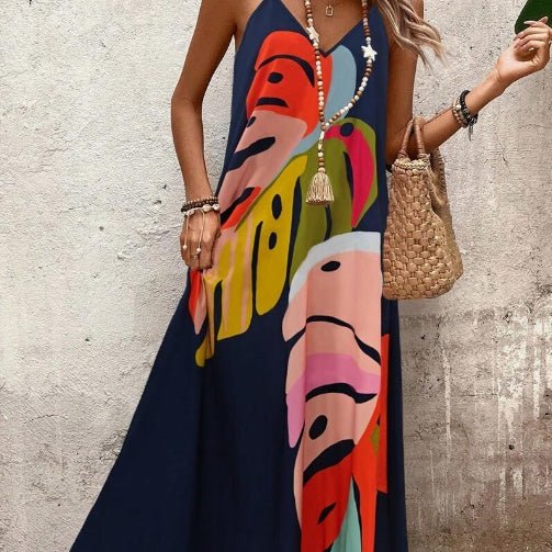 Flowy Sleeveless Tropical Maxi Dress for women, ideal for beach vacations & warm weather fashion. Long, comfortable.