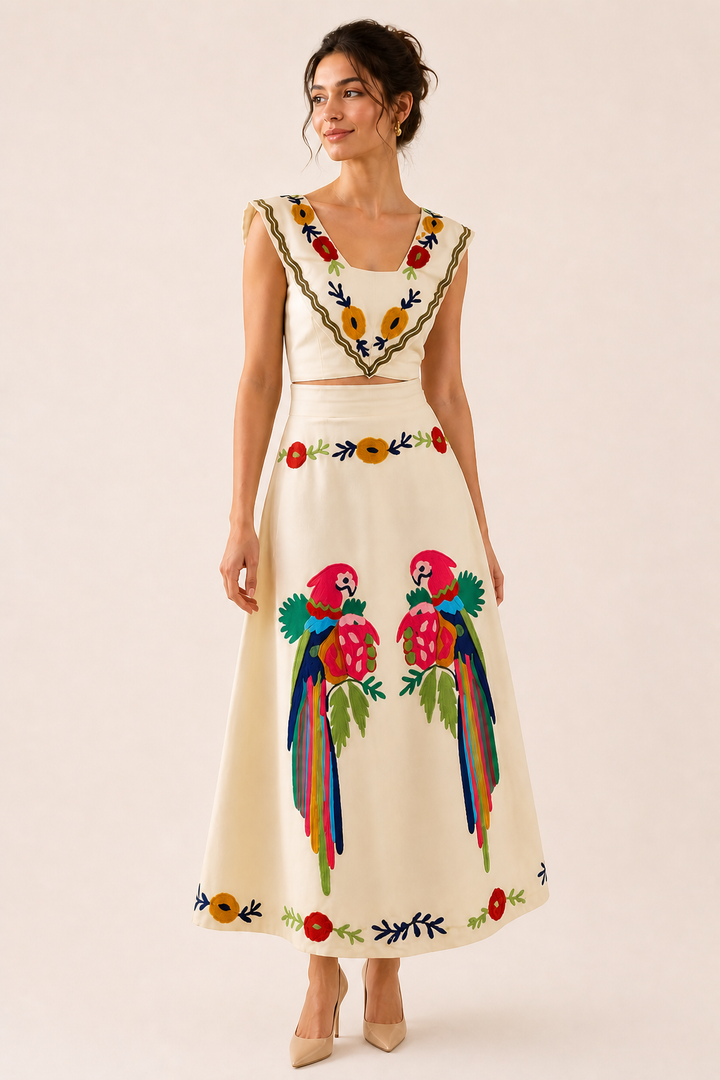 Women's tropical print crop top & flowy maxi skirt co-ord set, perfect for summer vacation or beachwear.