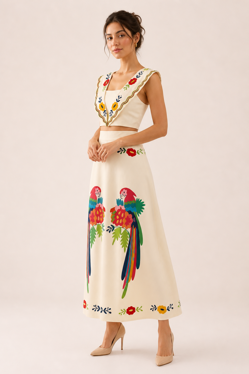 Sleeveless tropical print crop top and matching long flowy maxi skirt for women's summer resort wear.