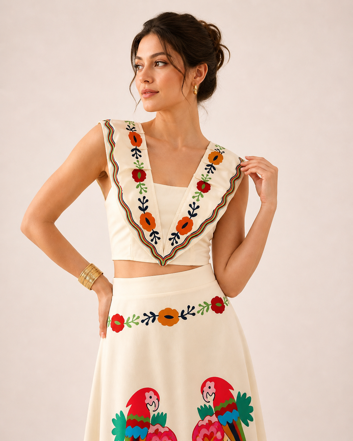 Comfortable women's tropical print crop top & flowy maxi skirt set for warm weather and vacation outfits.
