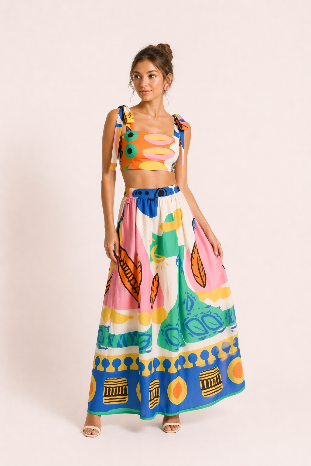 Women's tropical print crop top & long skirt two-piece set, perfect for summer vacation or beachwear.