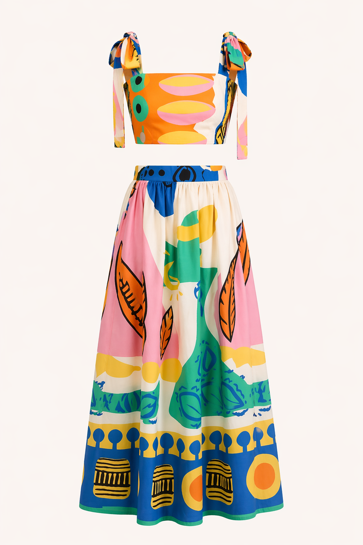Vibrant tropical print crop top & long skirt set for women, a comfortable and fashionable vacation or beach outfit.