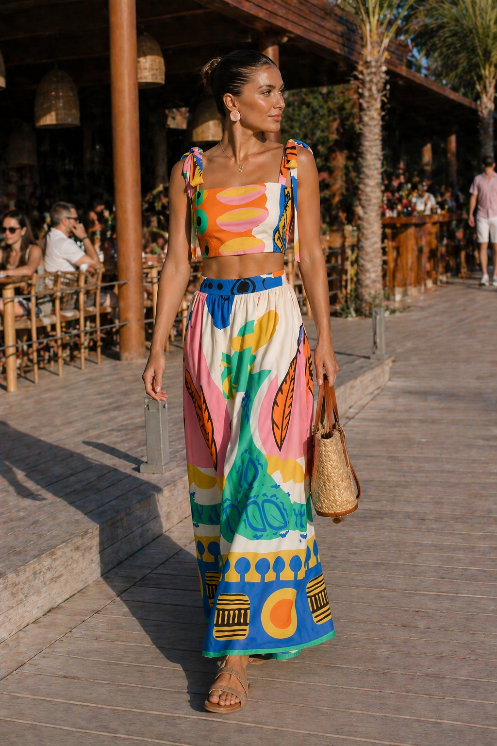 Women's two-piece tropical print set featuring a cute crop top & elegant long skirt, perfect for summer holidays.