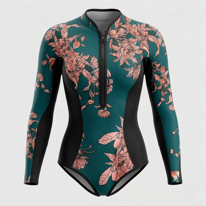 Women's summer fashion tropical print surf suit, designed for water sports and ultimate sun defense.