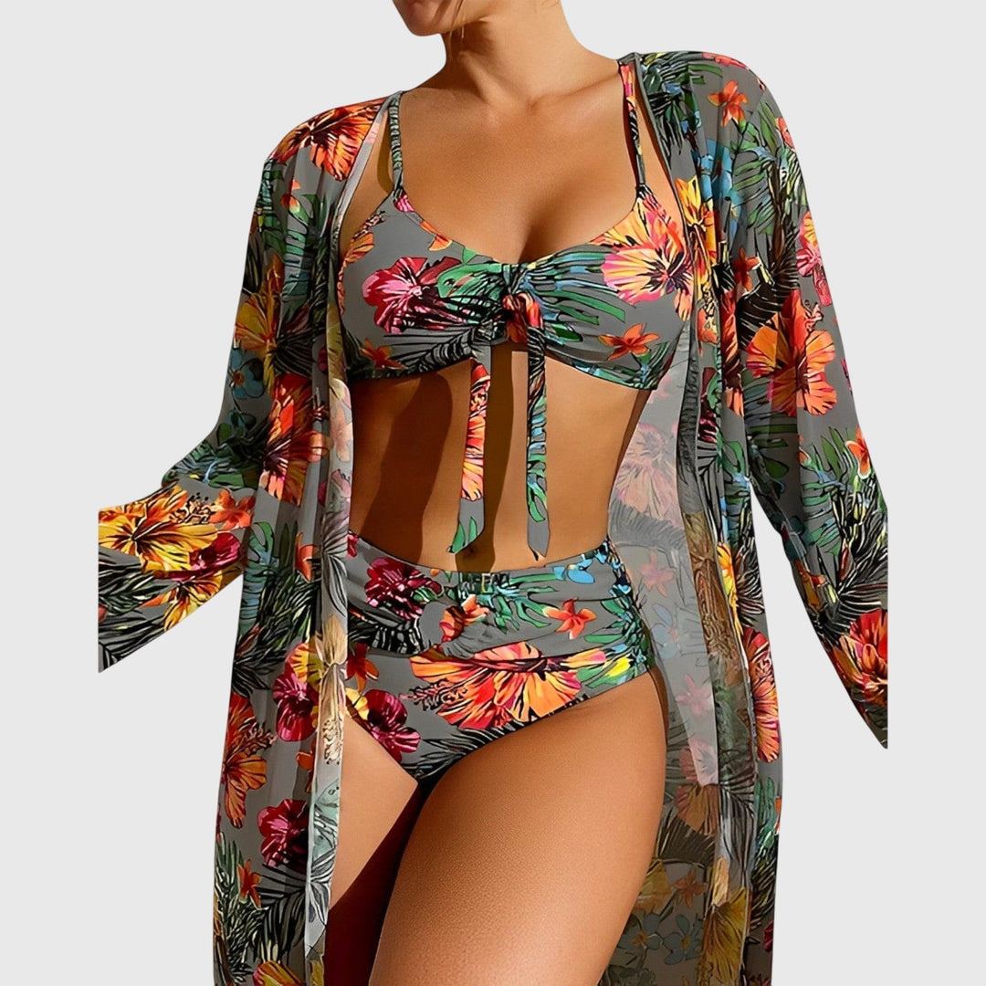 Flattering women's tropical print bikini swim set, ideal for summer beachwear & resort vacations.