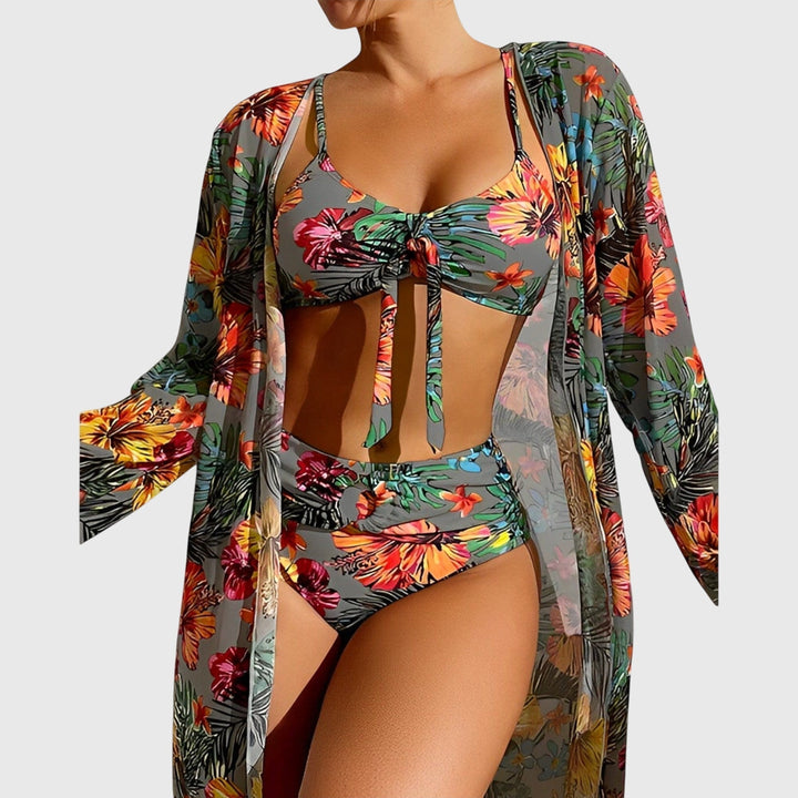 Flattering women's tropical print bikini swim set, ideal for summer beachwear & resort vacations.