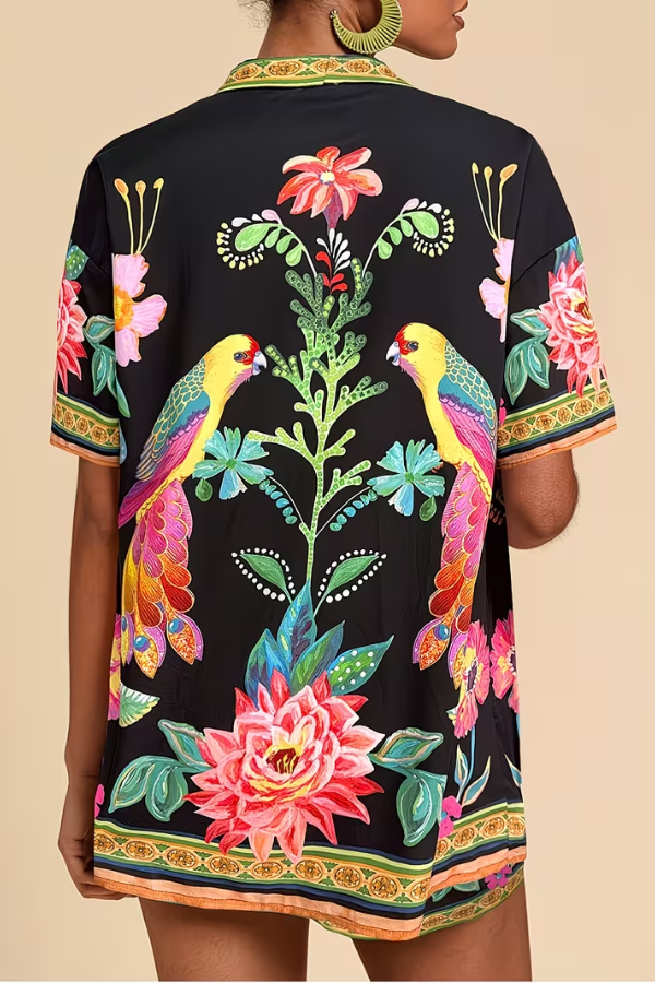 Elegant women's tropical print shorts set, a two-piece summer outfit for vacation, resort & casual beach days.