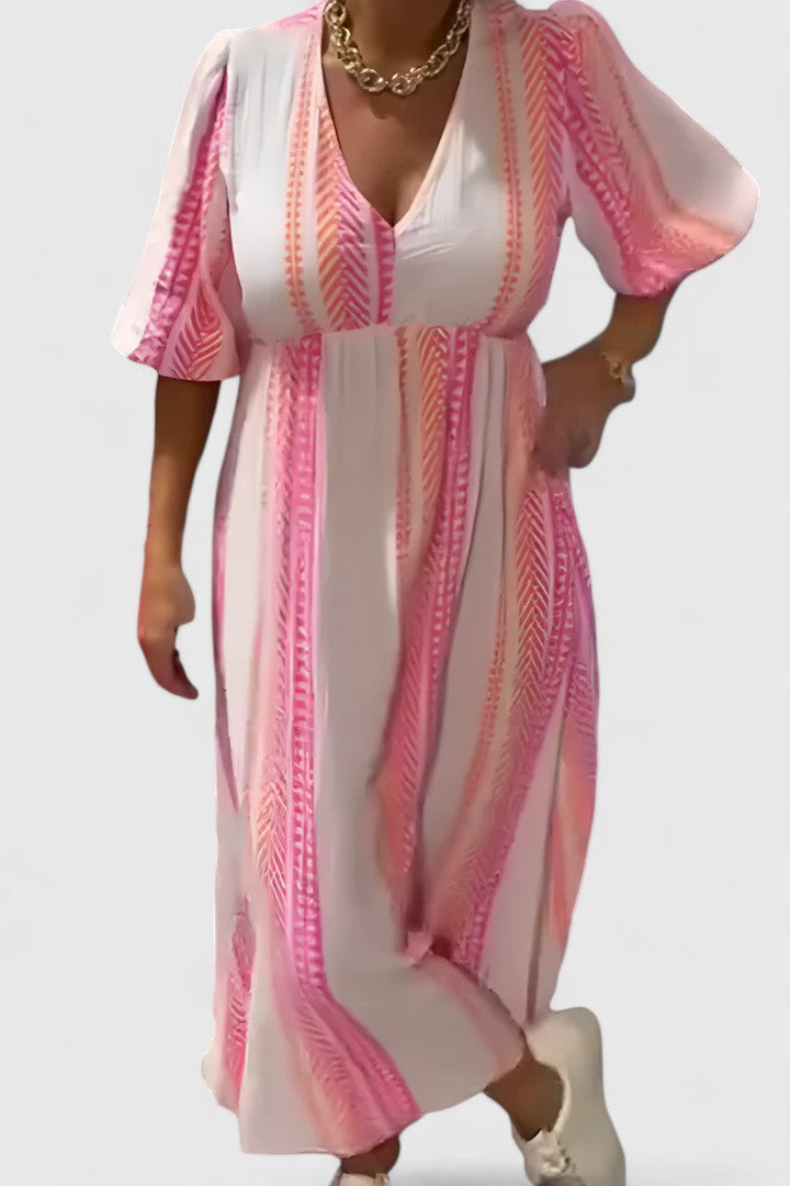 Women's tropical stripe V-neck maxi dress with puff sleeves, perfect for summer vacations & resort wear.